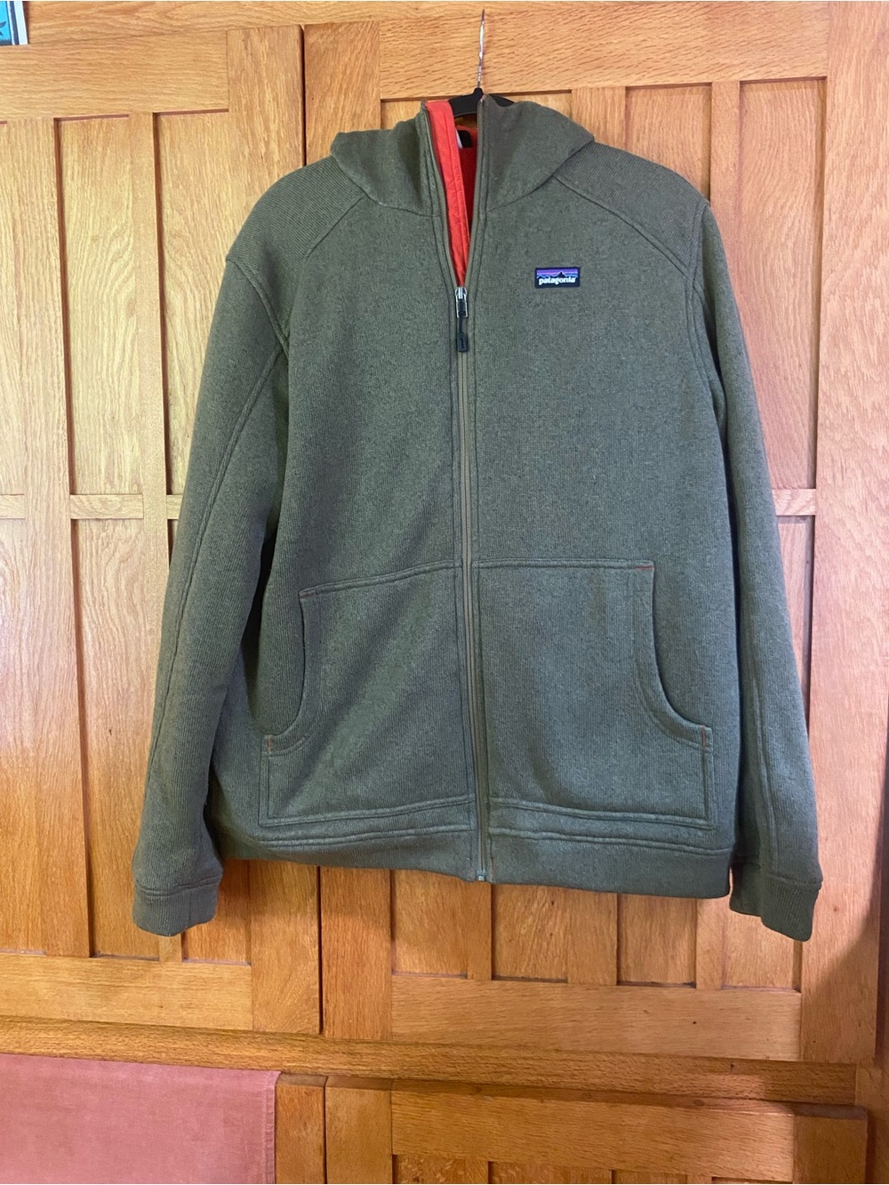 Patagonia Men’s Wind Lined Olive Zip-Up Hooded Fleece with Orange Lining